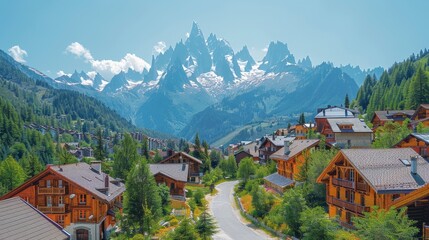 Mountain village nestled between lush green hills & snow-capped peaks under a clear blue sky