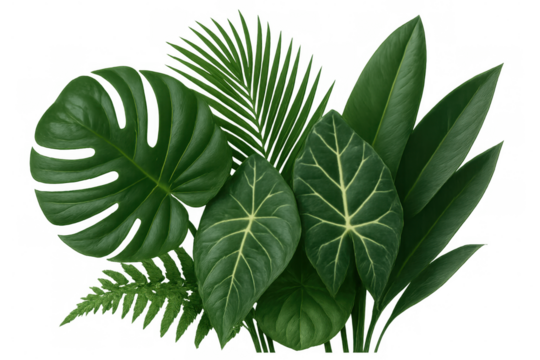 Verdant tropical foliage layering dense, exotic greenery, showcasing vibrant botanical diversity against transparent backdrop