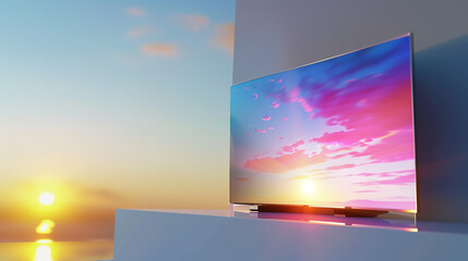Sleek flat-screen TV displayed on minimalist white shelf, modern home entertainment and technology concept for living room interior design.
