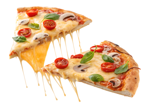 Two Slices Melted Cheese Margherita Pizza Floating isolated on a transparent background