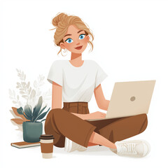 A blonde woman in her thirties sitting on the floor with an open laptop