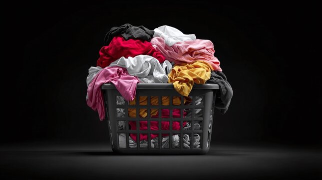 Laundry Basket Overload: A grey laundry basket brimming with colorful clothing against a dark backdrop, symbolizing household chores and fabric care.