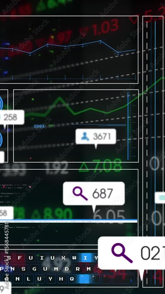 Poster animation of data processing and social media icons over computer servers