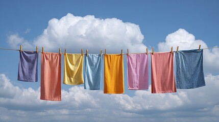 Laundry drying in the sun. Several colorful towels and clothes hanging on a clothesline against a backdrop of blue sky and fluffy white clouds.