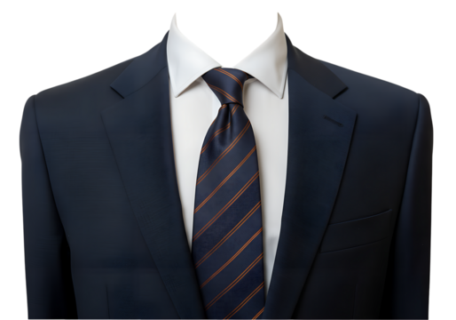Navy Blue Mens Suit with Orange Striped Tie and White Shirt isolated on a transparent background - Powered by Adobe