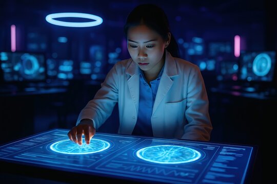 Young asian scientist in lab coat interacting with futuristic holographic touchscreen display in dark research facility