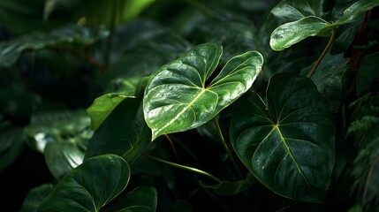 Close up shot of anthurium leaves with visible veins and water droplets in a lush green environment