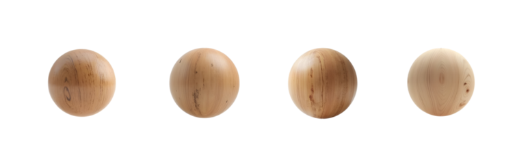 set of four wooden sphere ball. circle made of wood isolated on white background
