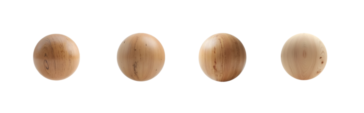 set of four wooden sphere ball. circle made of wood isolated on white background
