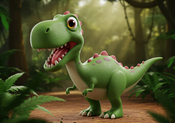 Fototapeta premium Green cartoon dinosaur in jungle, illustration of playful prehistoric T-Rex