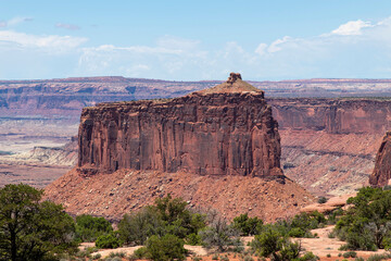 High angle panoramic view over the Island in the Sky section of Canyonlands National Park, Utah, USA with geological structure Upheaval Dome interpreted as a meteorite impact structure or a salt dome