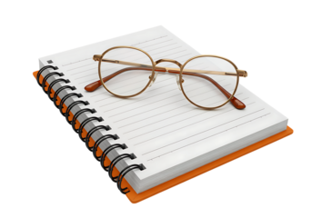 Gold Framed Round Glasses on Orange Spiral Notebook isolated on a transparent background