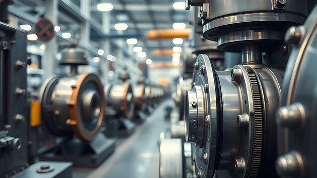 Industrial machinery components in a clean factory setting, showcasing precision and metal textures.