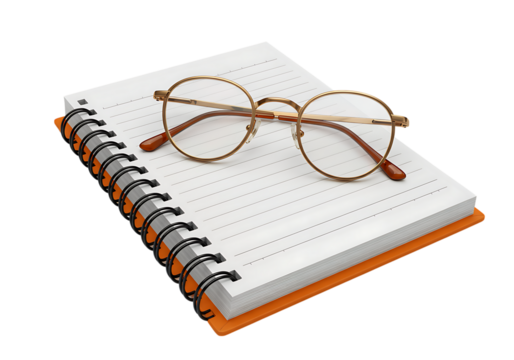 Gold Framed Round Glasses on Orange Spiral Notebook isolated on a transparent background