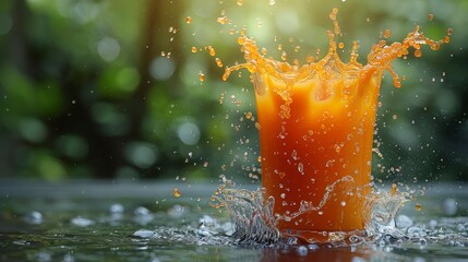Glass of vibrant orange liquid creating a splash with blurred green background