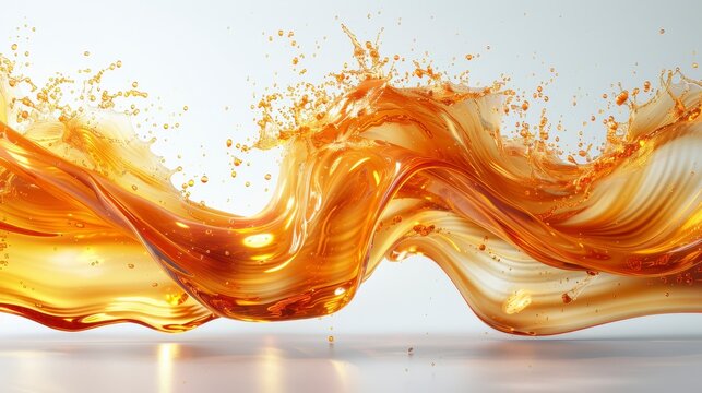 Dynamic amber liquid splash with droplets, frozen in mid-air. Fluid movement against a white backdrop