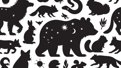 Fototapeta premium Black animal silhouettes with celestial elements on white bear rabbit