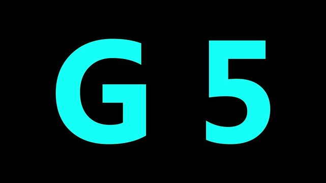 Glowing letter G 5 , glowing neon font, G 5 alphabet symbol . Seamless looping alphabet animation on black background.