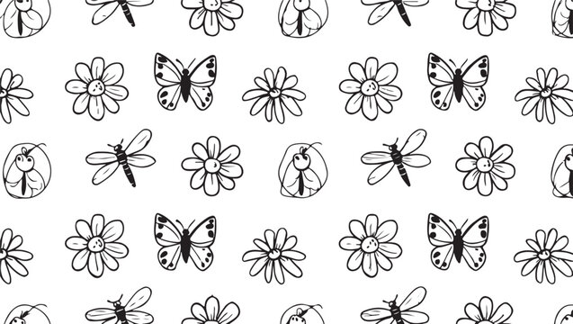Black and white butterflies dragonflies and flowers pattern butterfly dragonfly