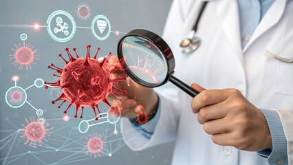 Doctor examining virus with magnifying glass medical