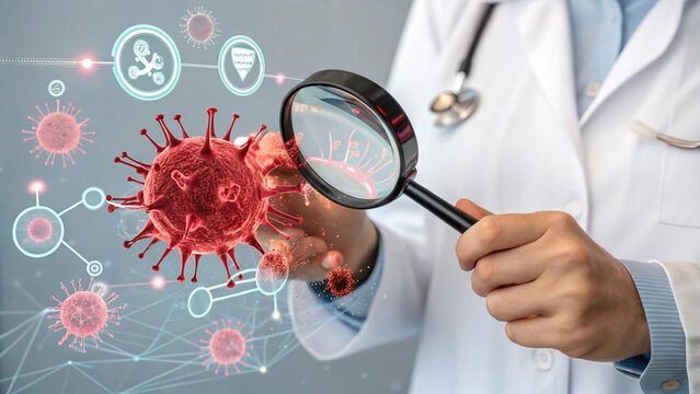 Doctor examining virus with magnifying glass medical