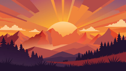 Vector Sunset Over Mountain Landscape Silhouette with Trees and Clouds Artwork Design
