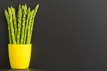 Asparagus Spears in Yellow Pot. Fresh green asparagus stalks clustered together in a bright yellow pot against a dark gray background with space for copy.
