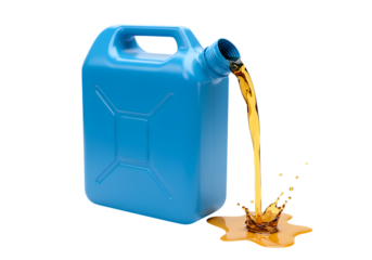 Bright Blue Plastic Jerrycan Pouring Amber Liquid Isolated on a transparent background