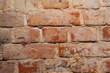 Close-up of an old red brick wall with weathered, textured surfaces and visible mortar joints. 