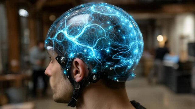 Futuristic high-tech helmet with neural interface for interacting with the brain