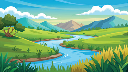 Cartoon River Landscape Mountains, Meadows, Blue Sky, and Serene Water Flowing Through Greenery © Brojendra