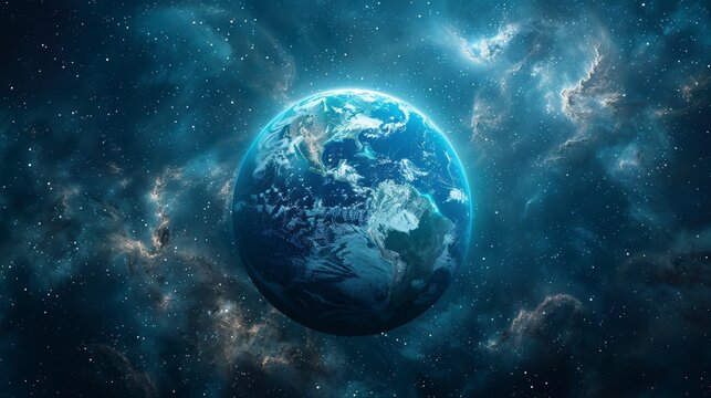 Blue planet Earth glows amidst swirling, colorful cosmic nebula of blues and grays, speckled with stars