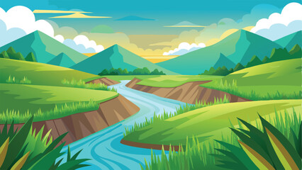 Cartoon River Flowing Through Green Hills with Mountain Backdrop and Cloudy Sky © Brojendra