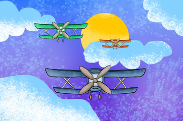 Colorful biplanes flying in sunny sky, airplanes watercolor illustration © Rafael