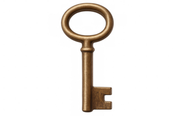 Classic golden key isolated on transparent background, symbolizing security, access, and solutions