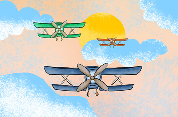 Colorful biplanes flying in sunny sky, airplanes watercolor illustration © Rafael