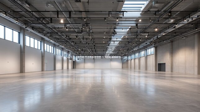 Vast, empty modern exhibition hall with concrete floor and walls, flooded with natural light from high windows and skylights, ready for a large event.