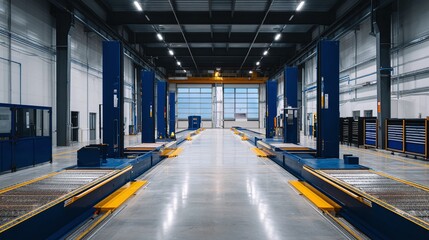 Automotive Service Bay: An expansive automotive service bay featuring vehicle lifts and tool storage, illuminated by overhead lighting, creating a professional, clean workspace.