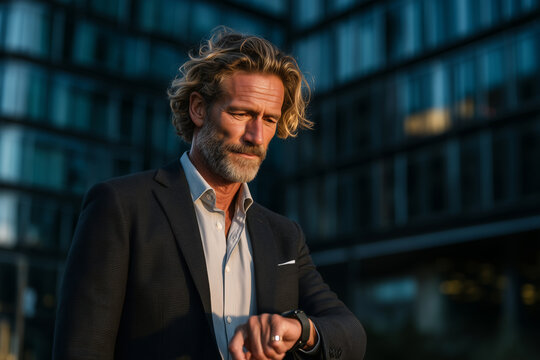 Businessman in suit checks watch while walking to work in city