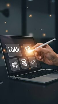 Applying for Loan: One person interacts with loan application options on a laptop using a stylus, exploring finance and loan services.