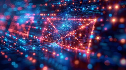 Obraz premium Luminous triangle comprised of blue and red dots, digital network aesthetic