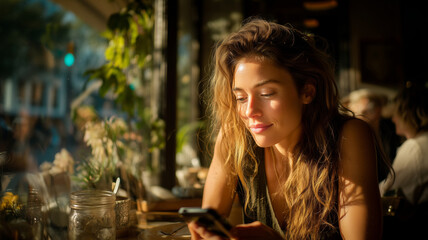 Woman scans continuous glucose monitor in a warm cafe setting during golden hour