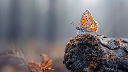 A striking monarch butterfly delicately alights on clusters of blooming flowers, showcasing its orange and black wings. The garden is bathed in soft sunlight, evoking a serene spring morning.
