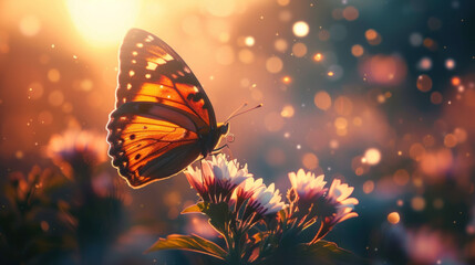 A striking monarch butterfly delicately alights on clusters of blooming flowers, showcasing its orange and black wings. The garden is bathed in soft sunlight, evoking a serene spring morning.