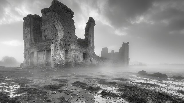 Ruined building stands forlorn in a misty landscape under a cloudy sky