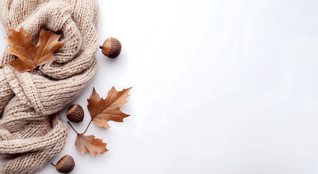 Cozy Autumn Scarf with Brown Leaves and Acorns - Fall Flat Lay with Copy Space