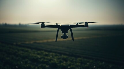 Drone flying over farmland at dawn.