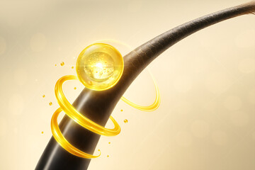 3D concept of a golden serum molecule nourishing a hair strand, symbolizing deep repair, shine, and luxury treatment. Ideal for premium haircare, beauty ads, and cosmetic innovation visuals.
