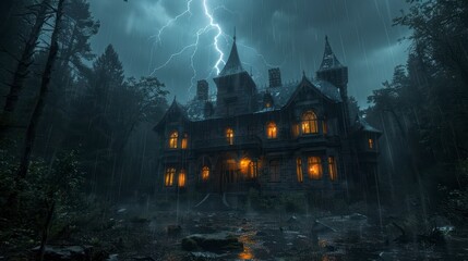 Spooky mansion in the forest, glowing windows, lightning strikes in stormy sky