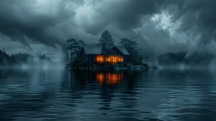 Fototapeta premium Cozy cabin, bright windows, on an island in a misty lake under dramatic, dark, stormy, cloudy skies